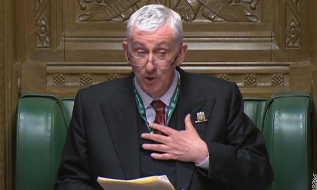 <span>Sir Lindsay Hoyle making a statement in the House of Commons after SNP and Conservative MPs walked out over his handling of the Gaza ceasefire debate.</span><span>Photograph: House of Commons/UK Parliament/PA</span>