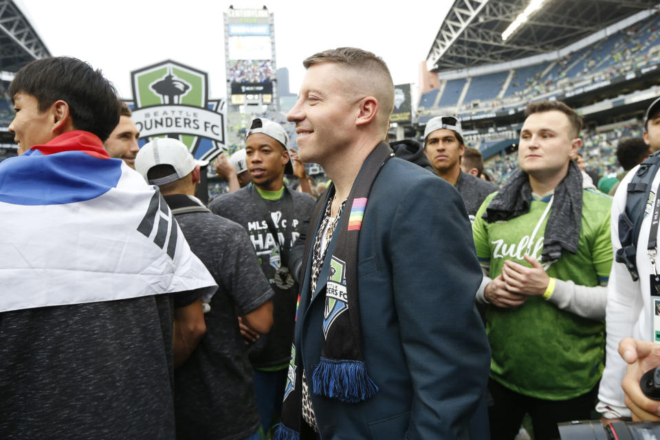 November 10, 2019; Seattle, WA, USA; Recording artist Macklemore smiles after the MLS Cup between the Seattle Sounders and the Toronto FC at CenturyLink Field. Mandatory Credit: Joe Nicholson-USA TODAY Sports