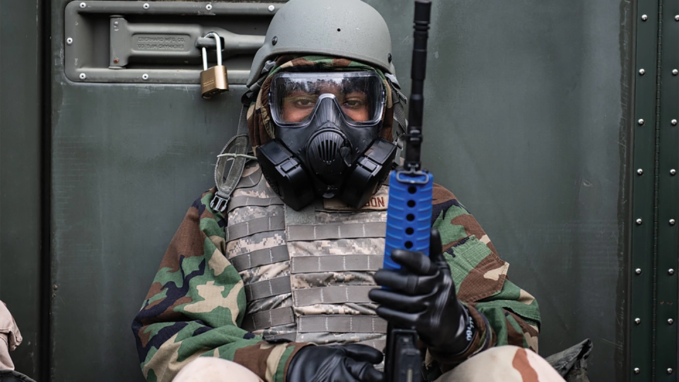 Air Force Senior Airman Sean Wilson, 628th Comptroller Squadron financial services technician, participates in “Ready Airmen Training” at Joint Base Charleston, S,C., March 2. (Staff Sgt. Bailee Ann Darbasie/Air Force)