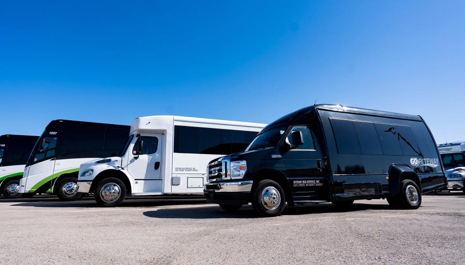 Different GO Riteway Transportation Group vehicles are shown in Oak Creek on March 28, 2024. The company is one of the contractors that will provide transportation services for the Republican National Convention.
