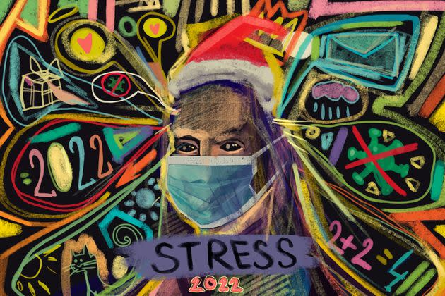 Illustration of a person with protective mask with negative and positive emotions coming out in bubbles and ''stress'' text (Photo: Dusan Stankovic via Getty Images)