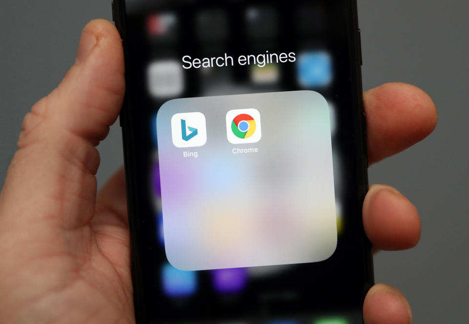 A person holds an iphone showing the apps for search engines Bing and Google Chrome. PA Photo. Picture date: Friday January 3, 2020. Photo credit should read: Andrew Matthews/PA Wire (Photo by Andrew Matthews/PA Images via Getty Images)