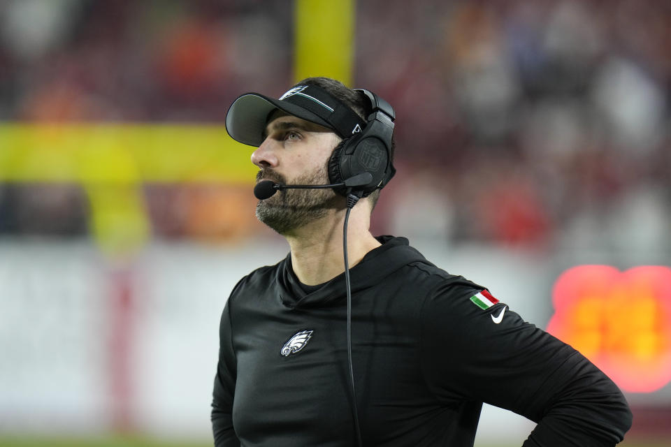 Philadelphia Eagles head coach Nick Sirianni looks on during the second half of an NFL wild-card playoff football game against the Tampa Bay Buccaneers, Monday, Jan. 15, 2024, in Tampa, Fla. (AP Photo/Chris O'Meara)