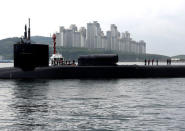 The Ohio-class guided-missile submarine USS Michigan arrives for a regularly scheduled port visit while conducting routine patrols throughout the Western Pacific in Busan, South Korea, April 24, 2017. Jermaine Ralliford/Courtesy U.S. Navy/Handout via REUTERS
