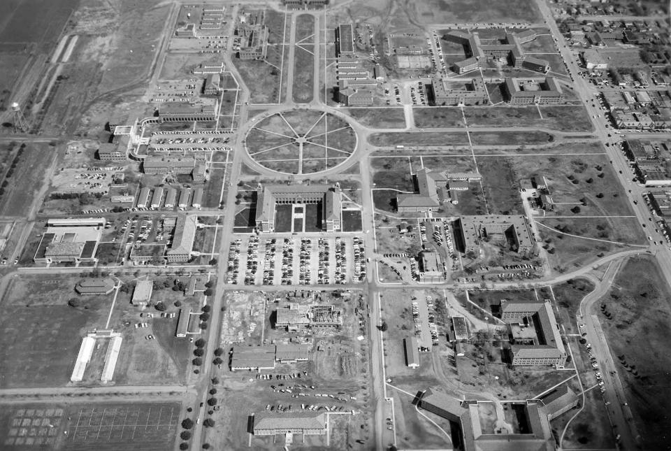 This 1952 photo by Winston Reeves was taken at the request of Urbanovsky, who was part of the planning committee to develop a campus loop around Texas Tech to redirect traffic outside the campus interior. The campus loop would interconnect the next phase of building expansion and eliminate direct city roads through the heart of campus.