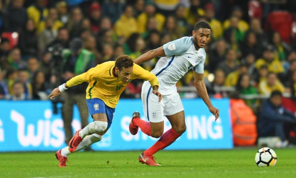 Joe Gomez tussles with Neymar in a friendly with Brazil that ended 0-0, with Gomez named man of the match on his first start for his country.