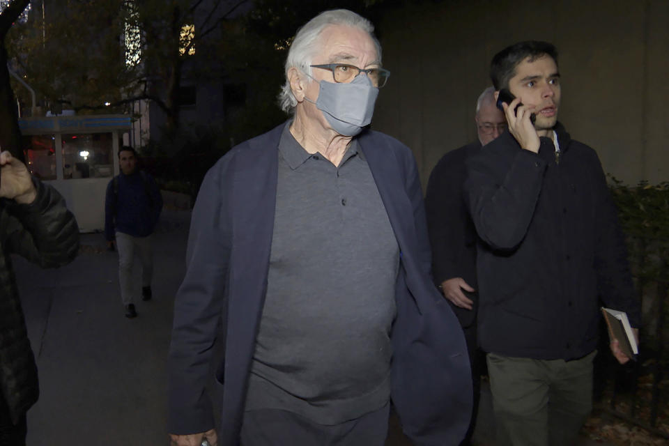 Actor Robert De Niro exits federal court after attending closing arguments in civil trial over claims by ex-VP, personal assistant, on Wednesday, Nov. 8, 2023. (AP Photo/Ted Shaffrey)