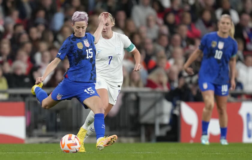 Megan Rapinoe of the United States makes her move during a match against England on Oct. 7.