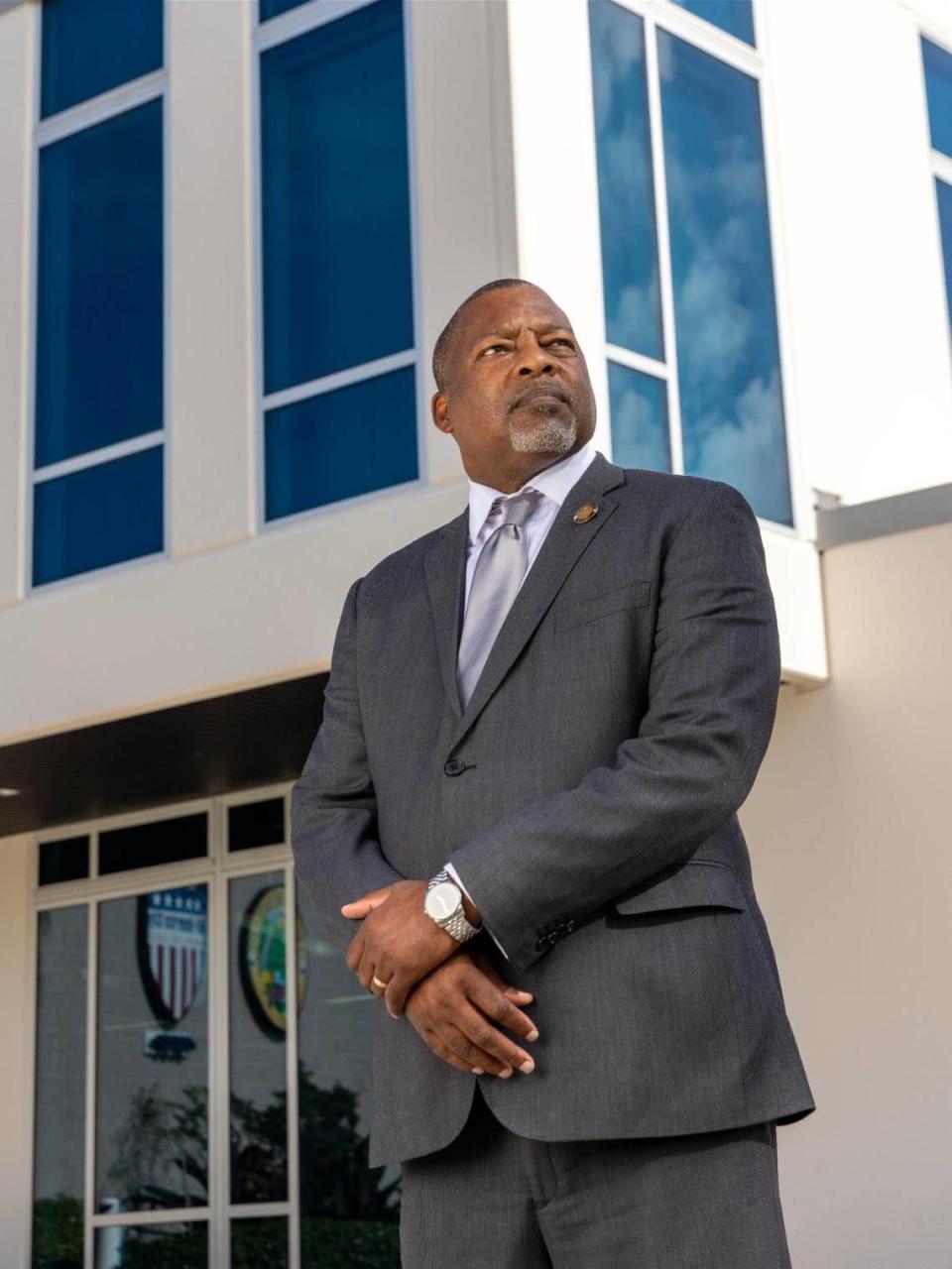 On Thursday April 6, 2023 Miami Gardens Mayor Rodney Harris stands outside City Hall along a stretch of 27th Avenue called Unity Boulevard. Harris envisions a city with booming development that will attract tourists while still maintaining the character of the bedroom community.