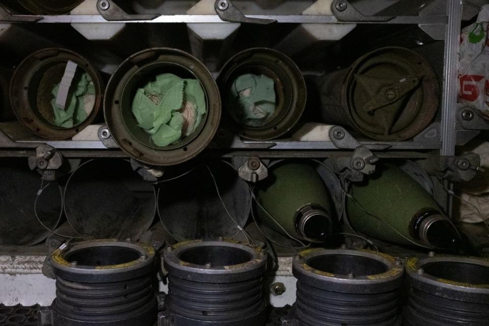 155mm shells inside a self-propelled howtizer at positions in Donetsk Oblast on Feb. 3, 2023. (Francis Farrell/The Kyiv Independent)
