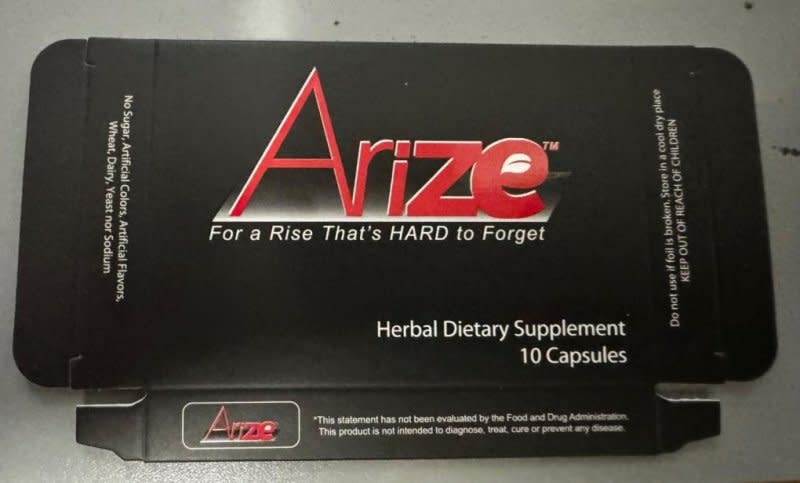 The FDA announced a recall of Today The World's Arize supplement capsules as they contained undeclared drugs used to treat male erectile dysfunction. Photo courtesy of FDA