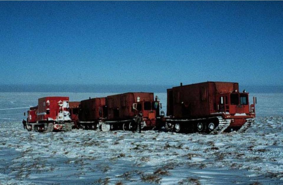 Seismic vibrator units in the 1002 area in the winter of 1985. (Photo: US Fish and Wildlife Service)