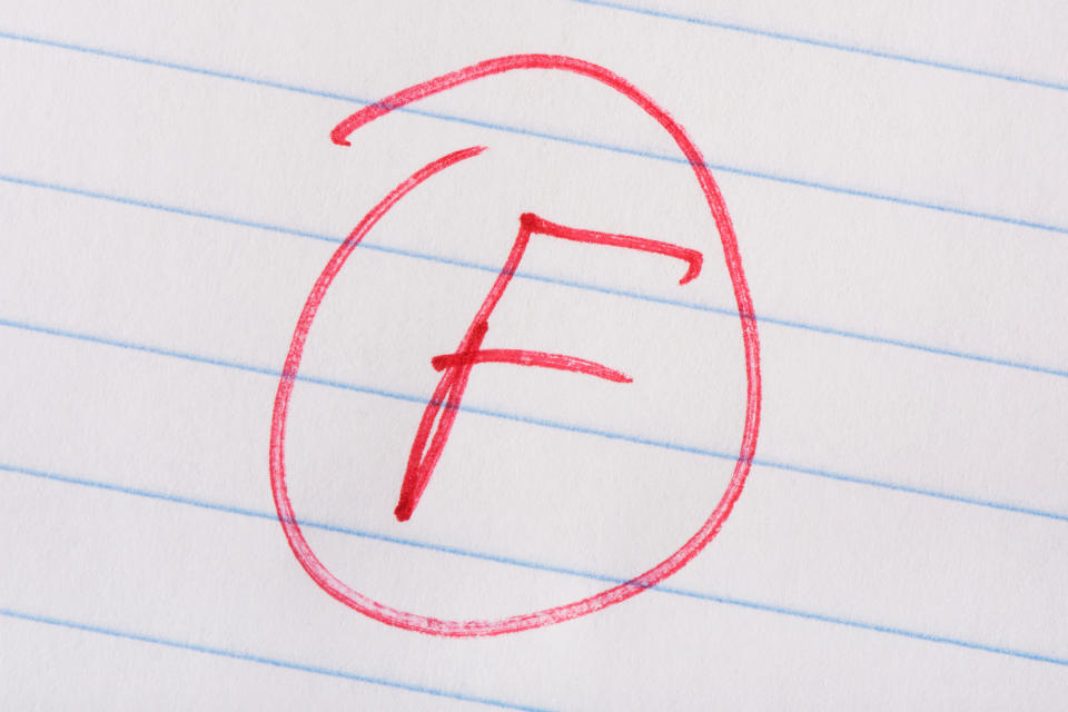 A circled "F" on a piece of notebook paper