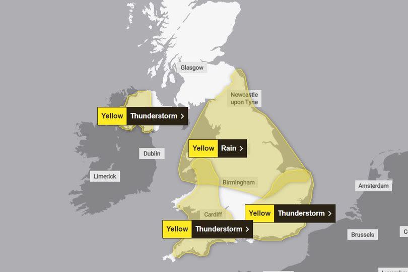 Yellow weather warning thunderstorm and rain map from The Met Office