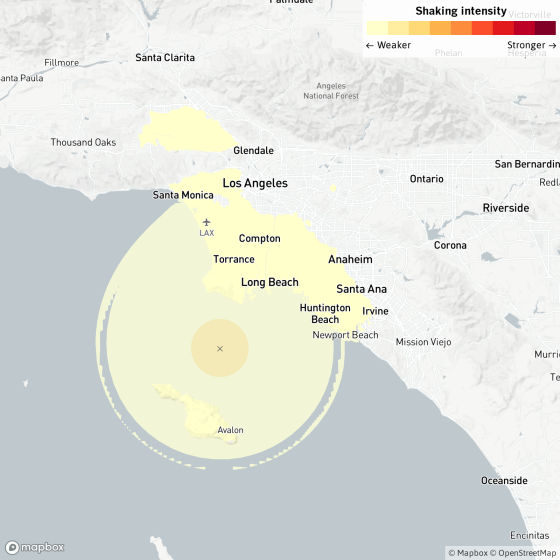 A map shows the reach of a magnitude 4.1 earthquake centered near Rancho Palos Verdes on the California coast.
