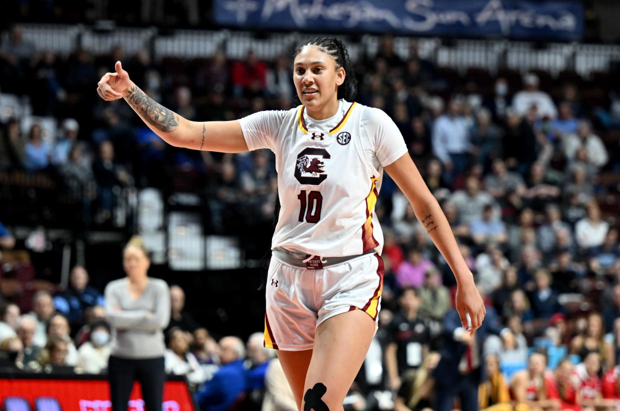 South Carolina's Kamilla Cardoso celebrates in the fourth quarter against the Utah Utes at Mohegan Sun Arena in Uncasville, Connecticut, on Sunday. (Photo by Greg Fiume/Getty Images)