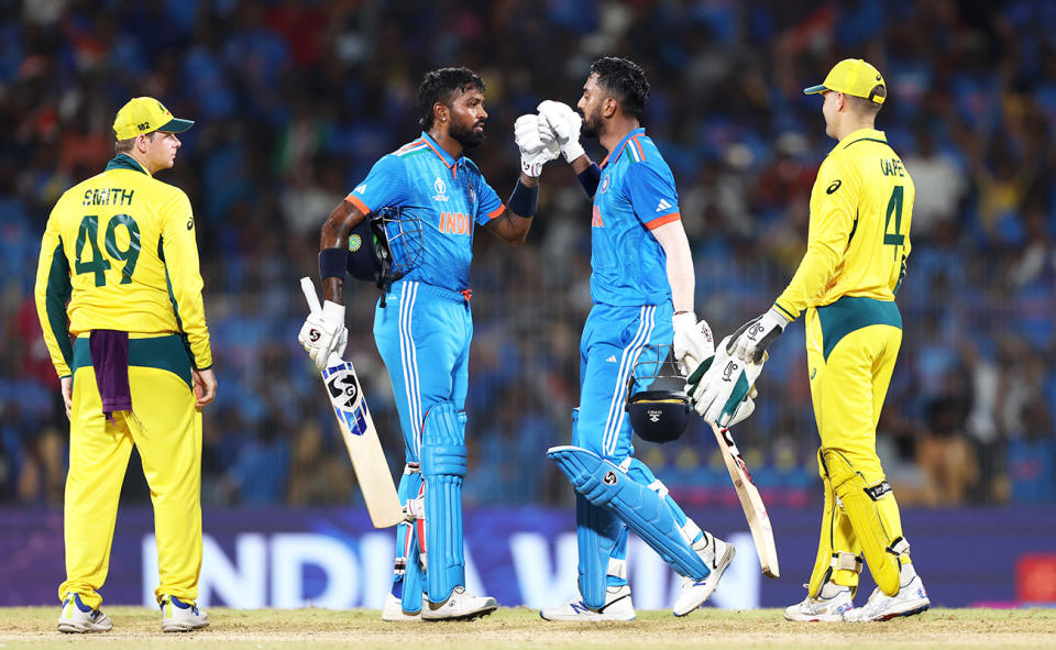 KL Rahul and Hardik Pandya, pictured here after India's win over Australia at the Cricket World Cup.