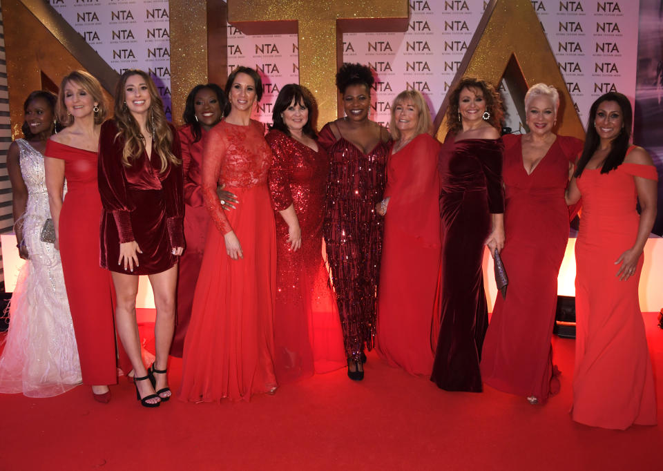 LONDON, ENGLAND - JANUARY 28: (L to R) Kelle Bryan, Kaye Adams, Stacey Solomon, Judi Love, Andrea McLean, Coleen Nolan, Brenda Edwards, Linda Robson, Nadia Sawalha, Denise Welch and Saira Khan of Loose Women attend the National Television Awards 2020 at The O2 Arena on January 28, 2020 in London, England. (Photo by David M. Benett/Dave Benett/Getty Images)