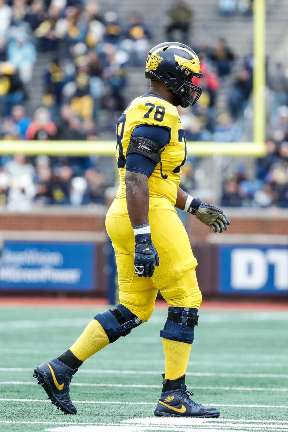 Maize Team offensive lineman Myles Hinton (78) walks off the field during the first half of the spring game at Michigan Stadium in Ann Arbor on Saturday, April 20, 2024.