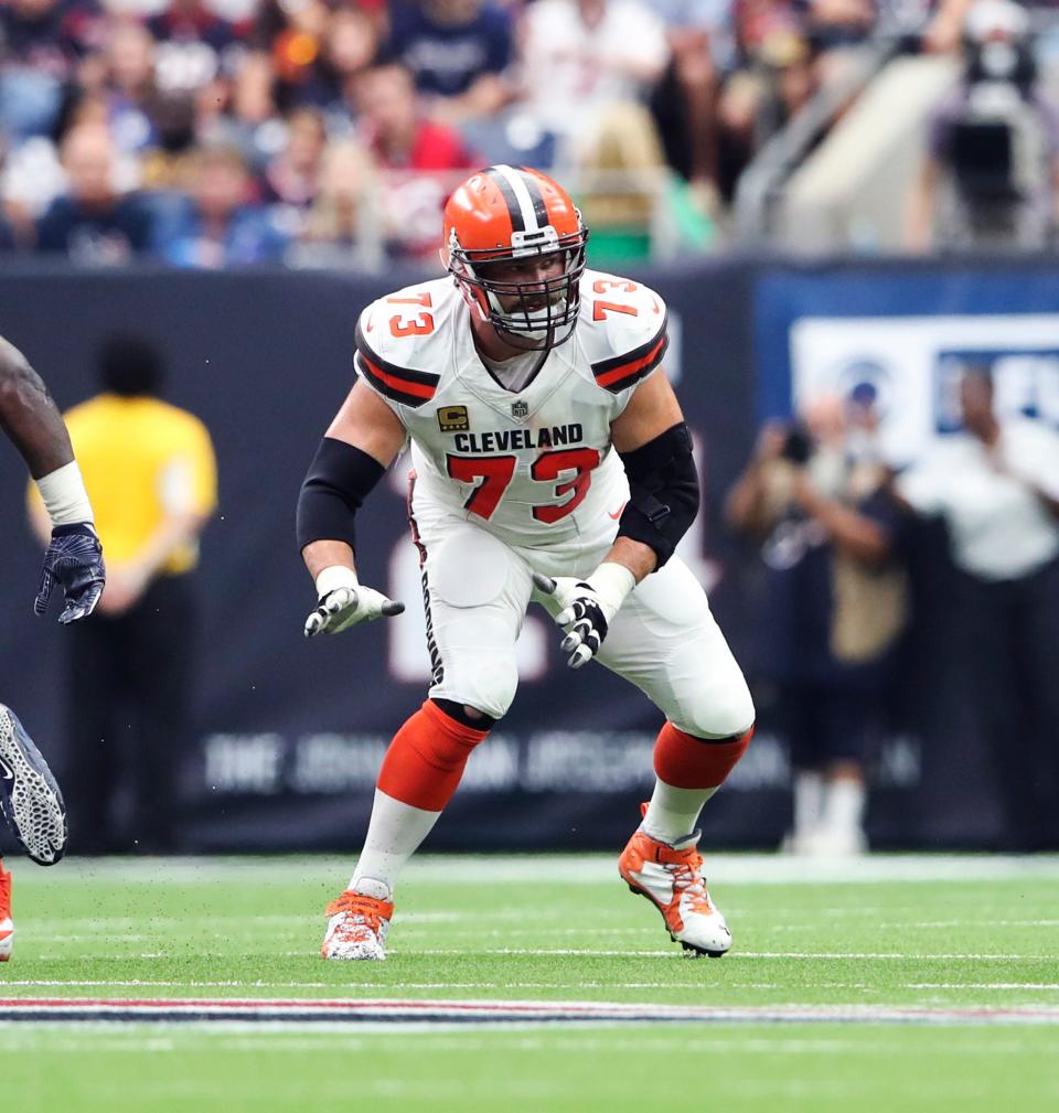 Oct 15, 2017; Houston, TX, USA; Cleveland Browns offensive tackle Joe Thomas (73) during the game against the Houston Texans at NRG Stadium. Mandatory Credit: Kevin Jairaj-USA TODAY Sports