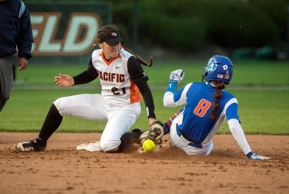 Pacific's Samantha Young, left, bobbles the ball as Boise State's Karlee Johnson slides safely at second during a softball game March 8, 2019, at Simoni Field in Stockton.