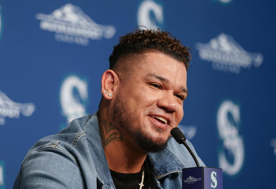 Former Seattle Mariners pitcher Felix Hernandez speaks during a media availability before a baseball game between the Mariners and the Baltimore Orioles, Friday, Aug. 11, 2023, in Seattle. Hernandez will be inducted into the Mariners Hall of Fame on Aug. 12. (AP Photo/Lindsey Wasson)