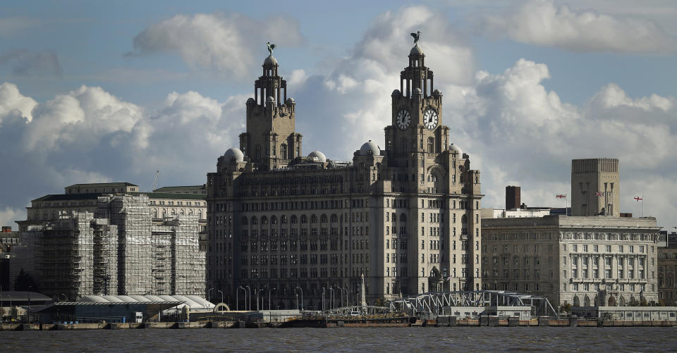 Liverpool's iconic waterfront property the Royal Liver building is viewed across the River Mersey in Birkenhead , northern England October 17 , 2016. The 105 year old  building is to be sold for the first time, for an expected 40 million pounds ($50 million). REUTERS/Phil Noble