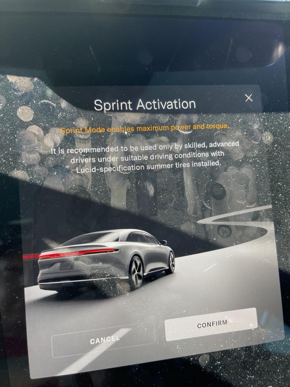 lucid air sprint mode disclaimer screen