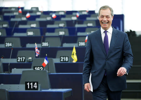 FILE PHOTO: Brexit campaigner and Member of the European Parliament Nigel Farage arrives to attend a debate on the outcome of the latest European Summit on Brexit, at the European Parliament in Strasbourg, France, April 16, 2019. REUTERS/Vincent Kessler