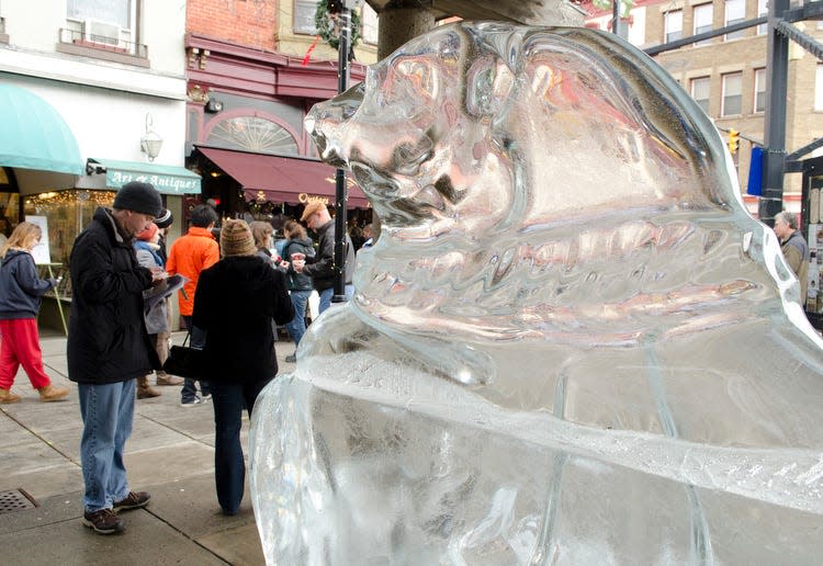 Hundreds of people fill The Commons every year to see the Ice Wars ice carving competition at the downtown Ithaca Winter Festival.