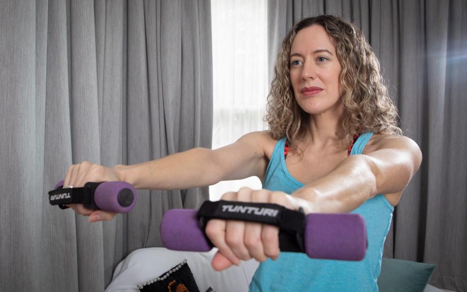 Polly lifts weights at home, which has been shown to be beneficial for extending life expectancy