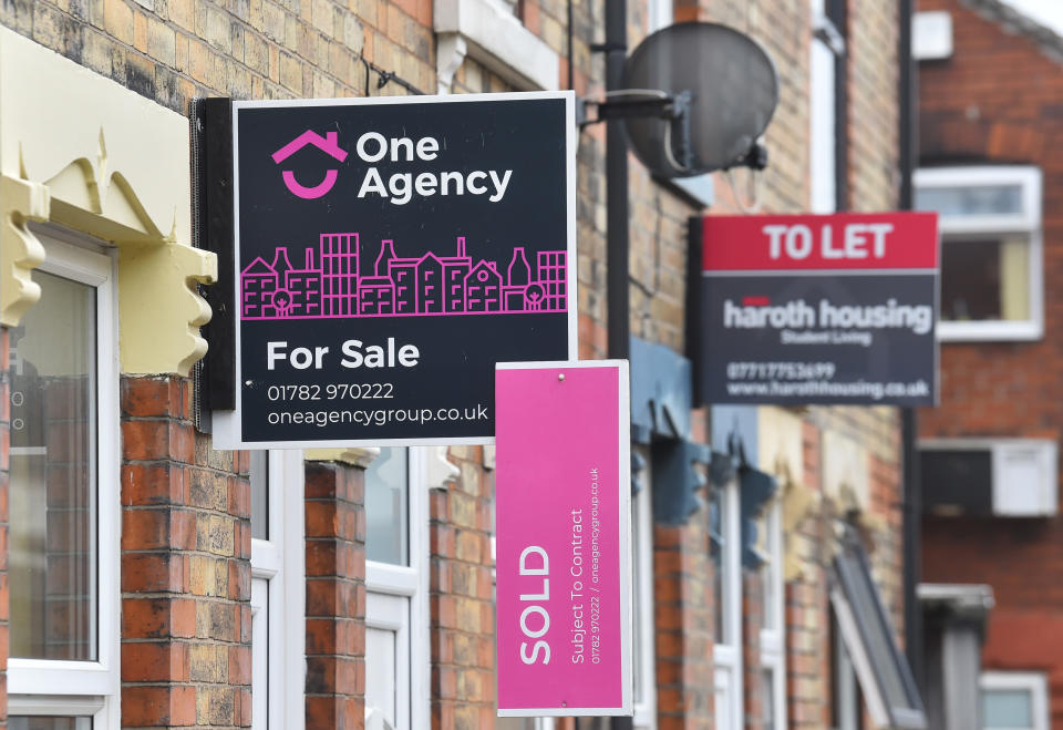 STOKE-ON-TRENT, ENGLAND - MARCH 03: Placards from Once Agency estates agents advertising properties For Sale and Sold on March 03, 2021 in Stoke-on-Trent, England. UK Chancellor, Rishi Sunak, announced the return of 95% mortgages to help first-time buyers. He also announced that house buyers would be exempt from paying stamp duty for a further three months with the scheme ending on 31st June 2021. (Photo by Nathan Stirk/Getty Images)