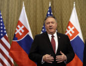 US Secretary of State Mike Pompeo addresses the media during his visit to Bratislava, Slovakia, Tuesday, Feb. 12, 2019. Pompeo is in Slovakia on the second leg of a five-nation European tour that began in Hungary and will take him to Poland, Belgium and Iceland. (AP Photo/Petr David Josek)