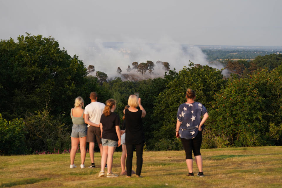 People watch a large wildfire that has broken out in woodland at Lickey Hills Country Park on the edge of Birmingham. About sixty firefighters are tackling the blaze which broke out at the beauty spot earlier today. Picture date: Monday July 18, 2022.