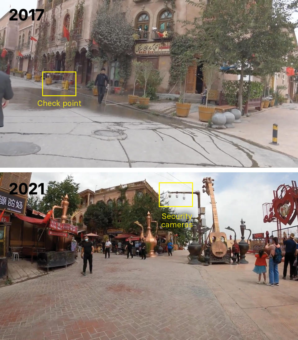 A before and after photo of an intersection in Kashgar in 2017, and the same intersection in 2021, where large sculptures related to the region's history are placed in a plaza