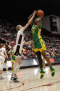 Stanford forward Cameron Brink, front left, defends against Oregon center Phillipina Kyei (15) during the first half of an NCAA college basketball game Sunday, Jan. 29, 2023, in Stanford, Calif. (AP Photo/Josie Lepe)