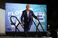 Democratic presidential candidate former Vice President Joe Biden arrives to speak at a drive-in rally at the Florida State Fairgrounds, Thursday, Oct. 29, 2020, in Tampa, Fla. (AP Photo/Andrew Harnik)