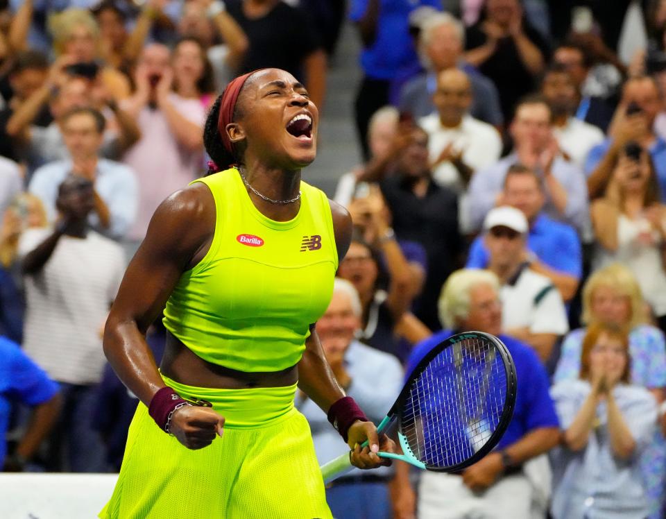 Sept. 7: Coco Gauff celebrates after beating Karolina Muchova.