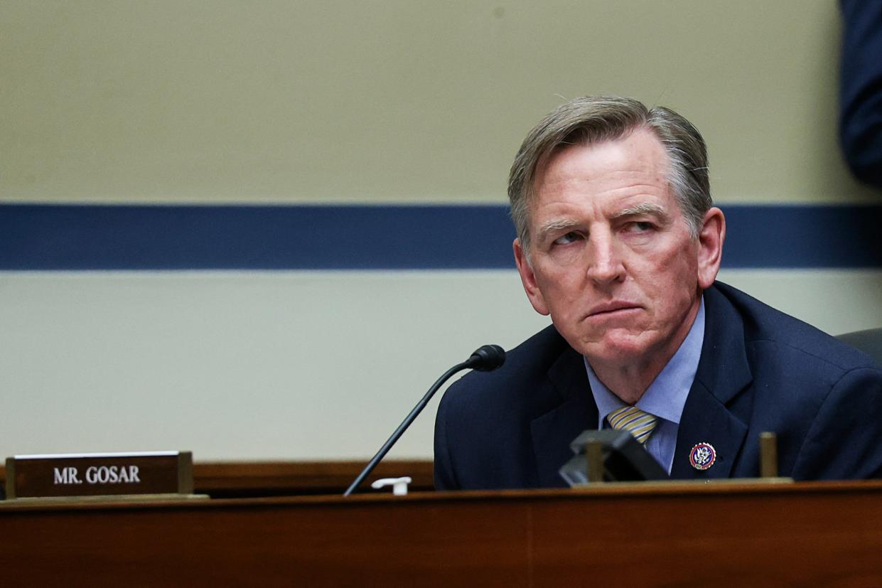 Rep. Paul Gosar (R-AZ) attends a House Oversight and Reform Committee hearing titled The Capitol Insurrection: Unexplained Delays and Unanswered Questions, regarding the January 6 attack on the US Capitol, in Washington, DC, on May 12, 2021.  (POOL/AFP via Getty Images)