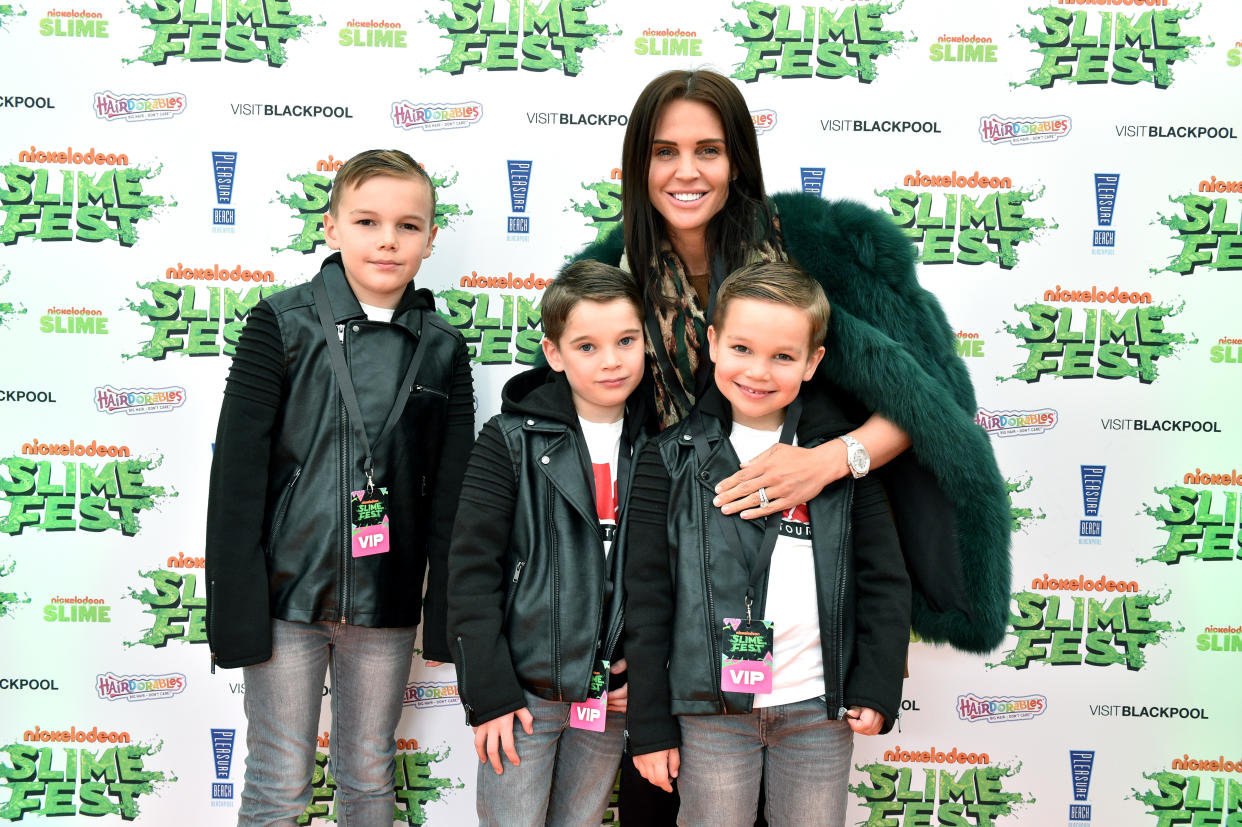 BLACKPOOL, ENGLAND - OCTOBER 19: (L-R) Archie O'Hara, George O'Hara, Danielle Lloyd and Harry O'Hara attend the Nickelodoen Slimefest at Blackpool Pleasure Beach on October 19, 2019 in Blackpool, England. (Photo by Shirlaine Forrest/Getty Images for Nickelodeon Slimefest)