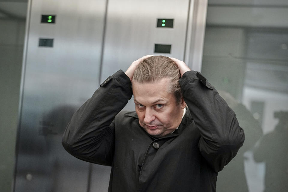 Maximilian Krah, AfD lead candidate for the European elections, stands in the elevator in the Bundestag after a meeting with the AfD parliamentary group leadership, Wednesday, April 24, 2024, in Berlin.. One of Krah's employees is suspected of spying for China. (Kay Nietfeld/dpa via AP)