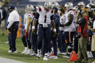 New England Patriots quarterback Cam Newton (1) reacts on the sideline during the fourth quarter of an NFL football game against the Seattle Seahawks, Sunday, Sept. 20, 2020, in Seattle. The Seahawks won 35-30. (AP Photo/John Froschauer)