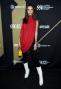 <p>Supermodel Emily Ratajkowski channelled sixties vibes in a draped red sleeveless dress and white boots on February 2. <em>[Photo: Getty]</em> </p>