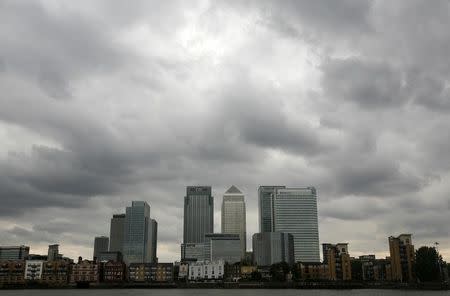 Storm clouds are seen above the Canary Wharf financial district in London on August 3, 2010. REUTERS/Greg Bos