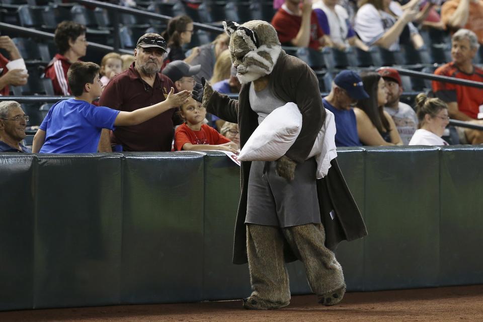 After a 19 inning baseball game the previous night between the Arizona Diamondbacks and the St. Louis Cardinals, Diamondbacks mascot Baxter shows up in pajamas, robe, carrying a pillow prior to a baseball game Wednesday, Sept. 25, 2019, in Phoenix. (AP Photo/Ross D. Franklin)