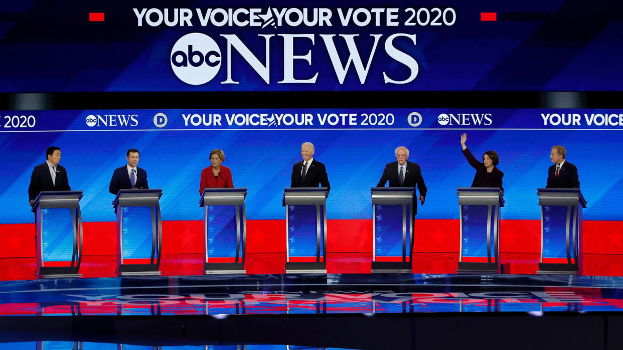 From left, Democratic presidential candidates entrepreneur Andrew Yang, former South Bend Mayor Pete Buttigieg, Sen.