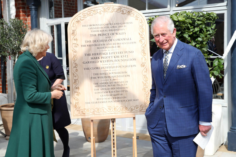 BELFAST, NORTHERN IRELAND - APRIL 09: Prince Charles, Prince of Wales and Camilla, Duchess of Cornwall attend the reopening of Hillsborough Castle on April 09, 2019 in Belfast, Northern Ireland. (Photo by Chris Jackson-WPA Pool/Getty Images)