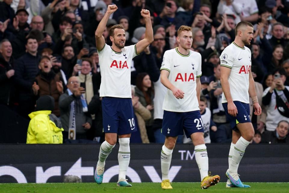 Harry Kane celebrates after becoming Tottenham’s all-time leading scorer (John Walton/PA) (PA Wire)