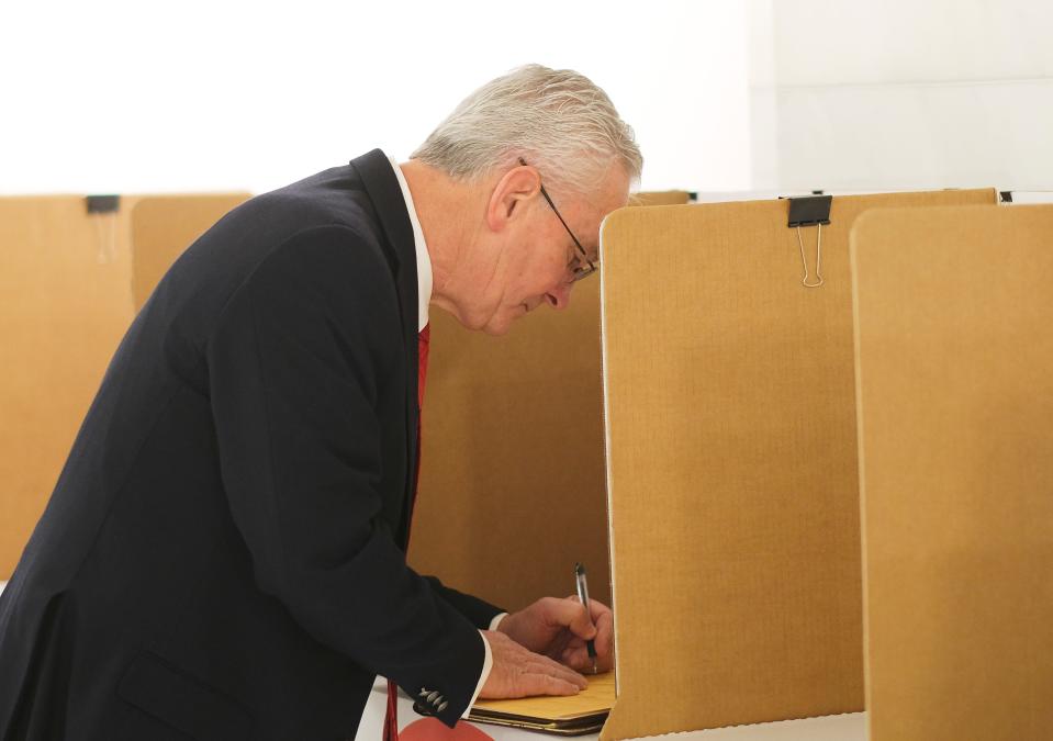 State Sen. Darcy Jech, R-Kingfishger, completes his packet as he files for re-election earlier this year.