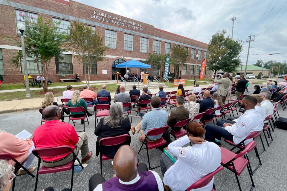 People gather Wednesday for the 10th anniversary celebration of FAMU’s Durell Peaden Jr. Rural Pharmacy Education Campus in Crestview.